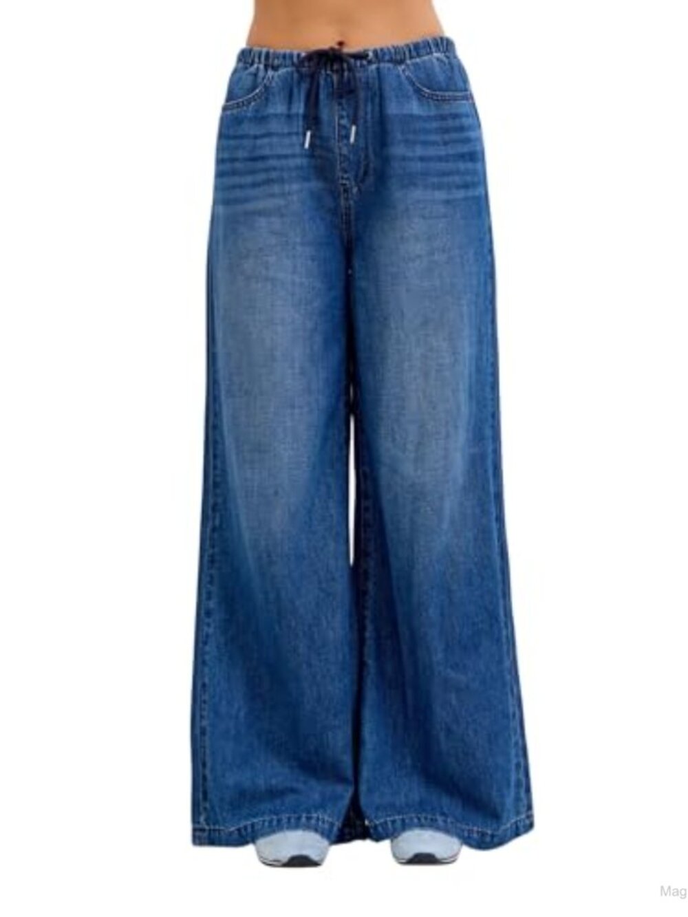 High Rise Wide Leg Palazzo Jeans Featherweight Drawstring Waist Lightweight